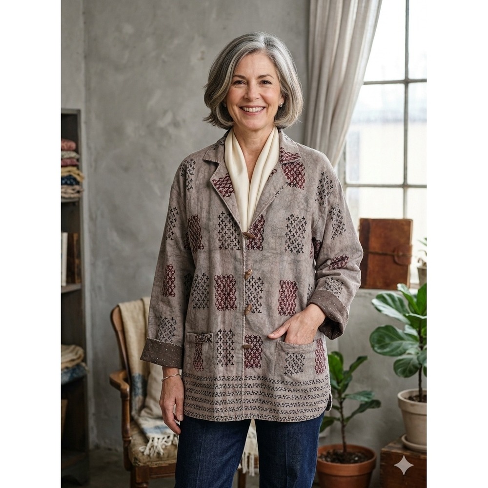 Chicos Design Vintage Cotton‎ Chore Jacket Womens L XL Grey Burgundy